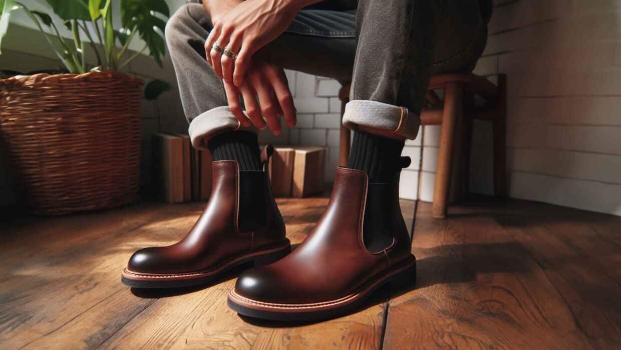 Botas de cuero marrón oscuro sobre un fondo de madera rústica